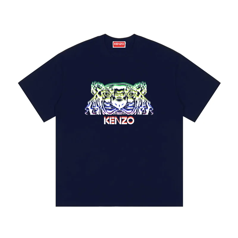 KENZO tiger head print round neck short-sleeved T-shirt, early spring 2020 New Arrival short T, three-dimensional customized LOGO printing on the chest, 100% ice porcelain cotton silky fabric, loose and casual Versatile version Color: Black White Apricot Tibetan Blue Size: M L